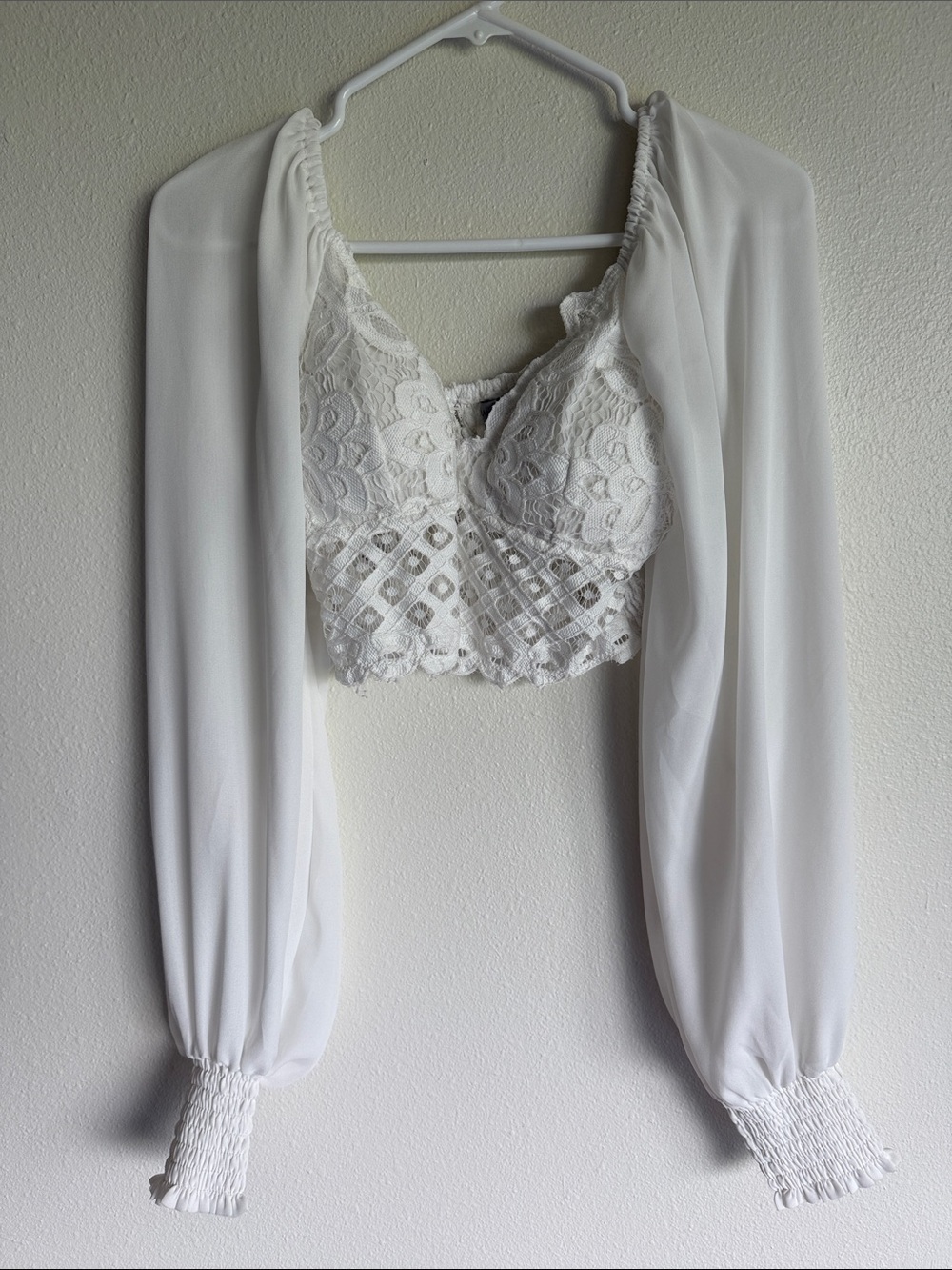 White Lace Long-Sleeve Crop Blouse